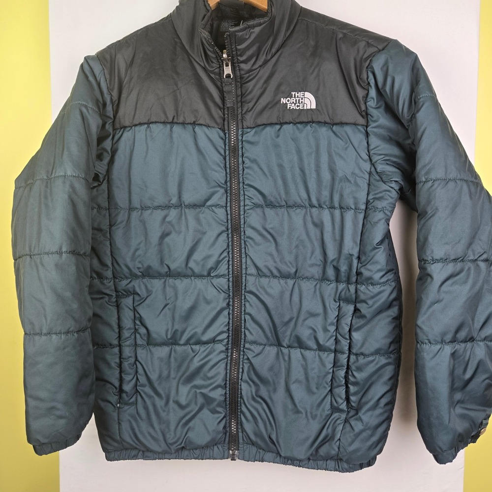 The North Face Boys Puffer Jacket Large 14/16 Black Green Zip. flaws!!